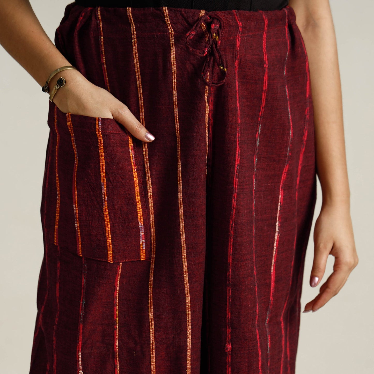 Maroon Bengal Khesh Weaving Cotton Kantha Embroidery Palazzo