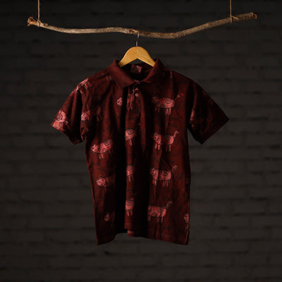 Maroon - Bindaas Block Art Printed Cotton Unisex Polo Collar T-shirt 67