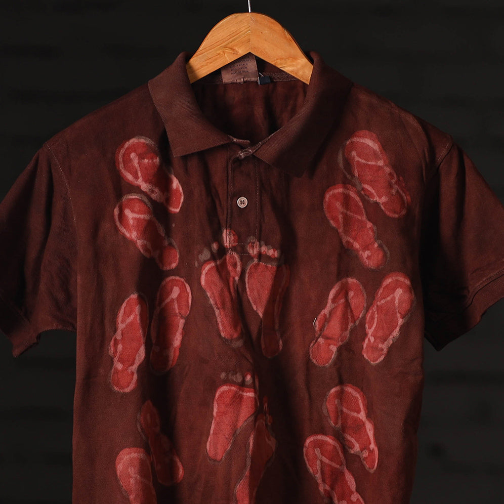 Maroon - Bindaas Natural Dyed Art Block Print Polo Collar T-shirt in Cotton