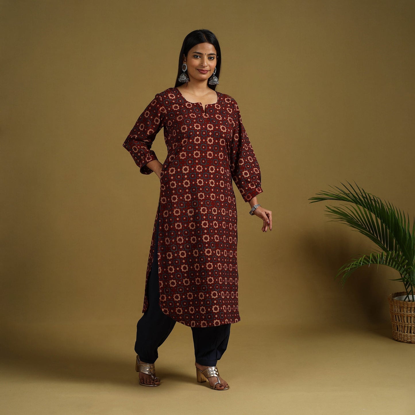 Buy maroon Block Print Cotton Ajrakh Kurta Set with Dupatta
