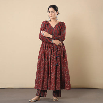 Maroon - cotton flared gher kurta with pant set