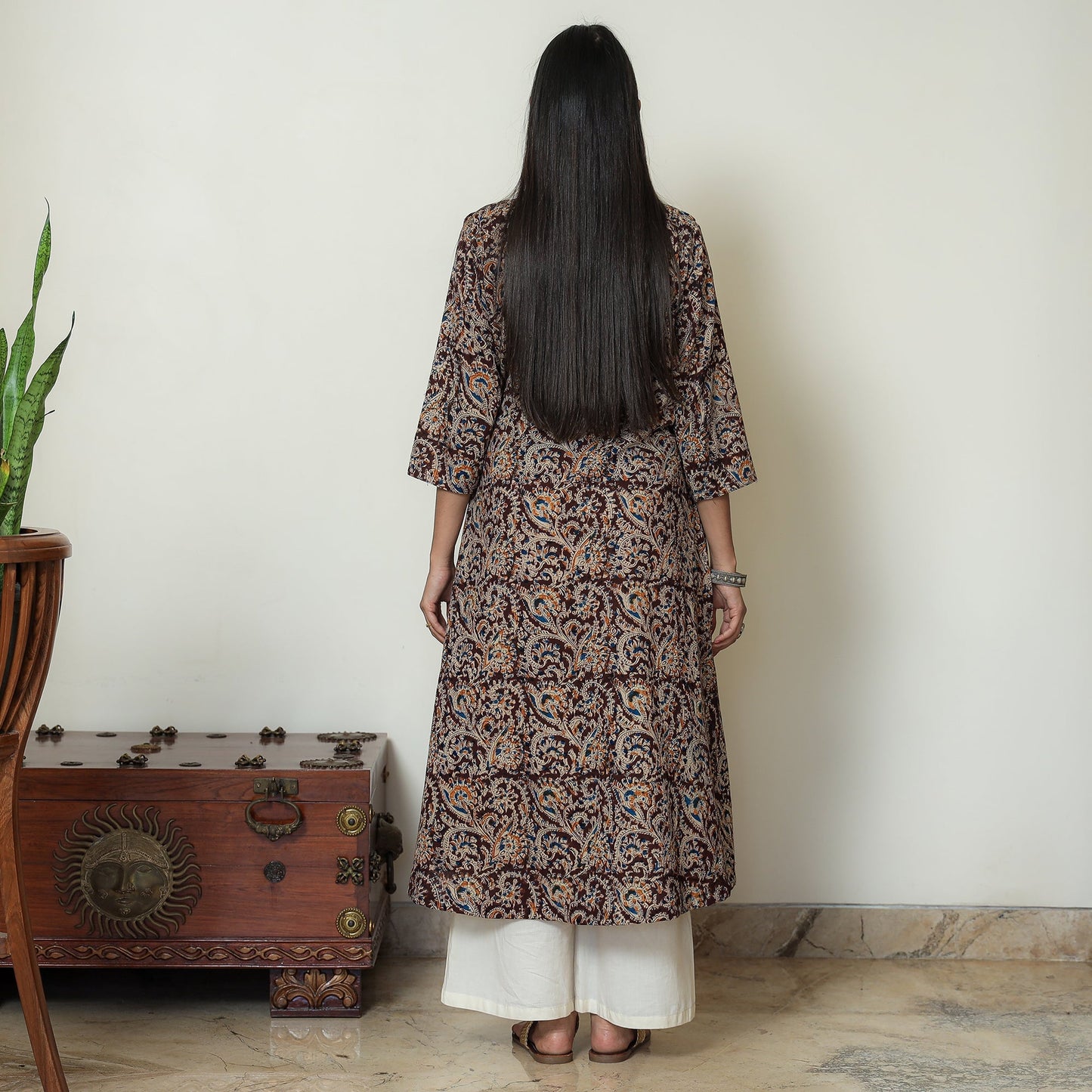 Maroon Block Print Cotton A-Line Kalamkari Kurta 