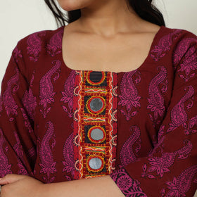 Maroon Block Print Cotton Patchwork Straight Bagh Kurta For Women
