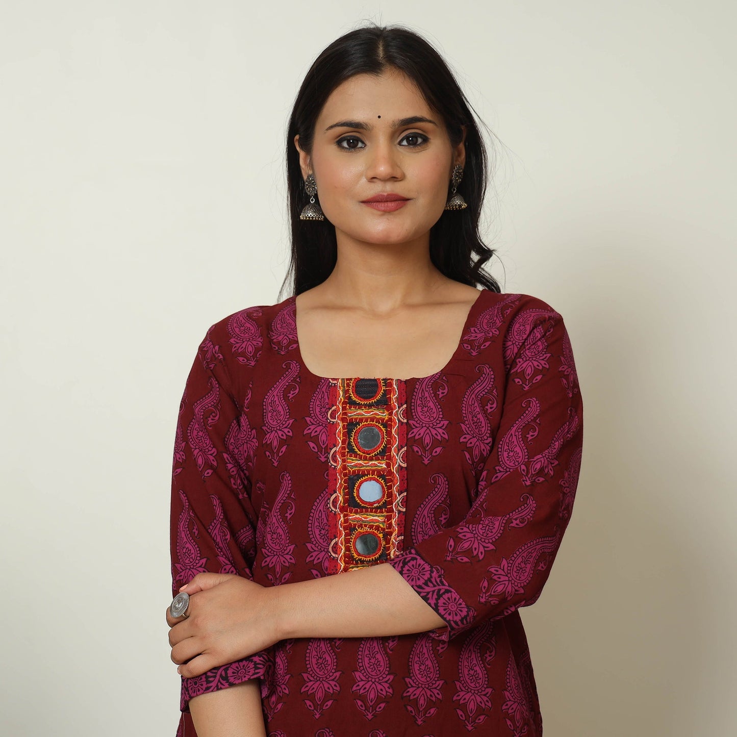Maroon Block Print Cotton Patchwork Straight Bagh Kurta For Women