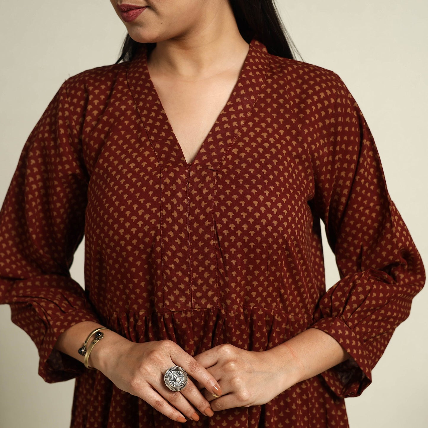  Maroon Block Print Mul Cotton Tiered Bagh Dress