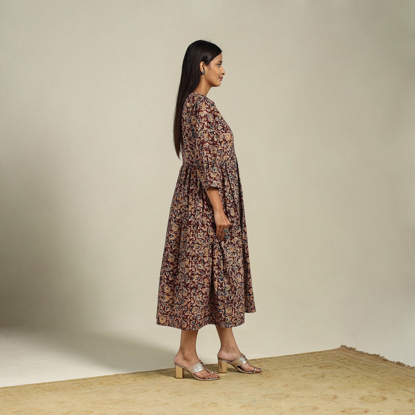 Maroon Block Print Natural Dyed Cotton Flared Kalamkari Dress