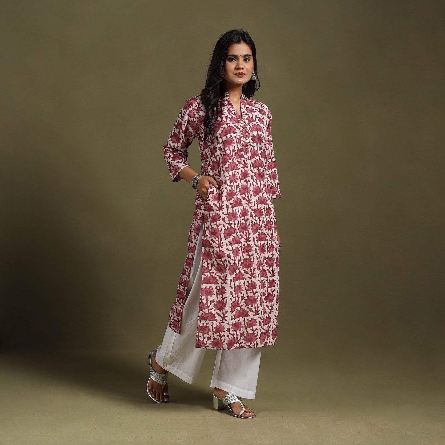 Maroon Block Print Natural Dyed Cotton Straight Jahota Kurta