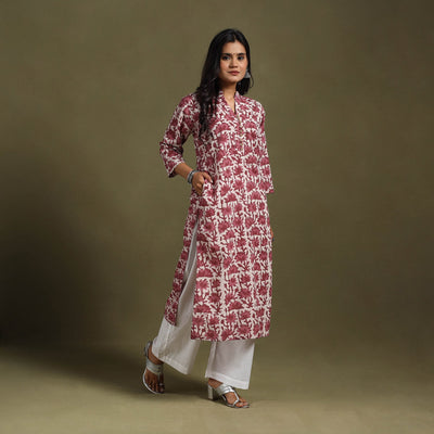 Maroon Block Print Natural Dyed Cotton Straight Jahota Kurta