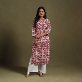 Maroon Block Print Natural Dyed Cotton Straight Jahota Kurta