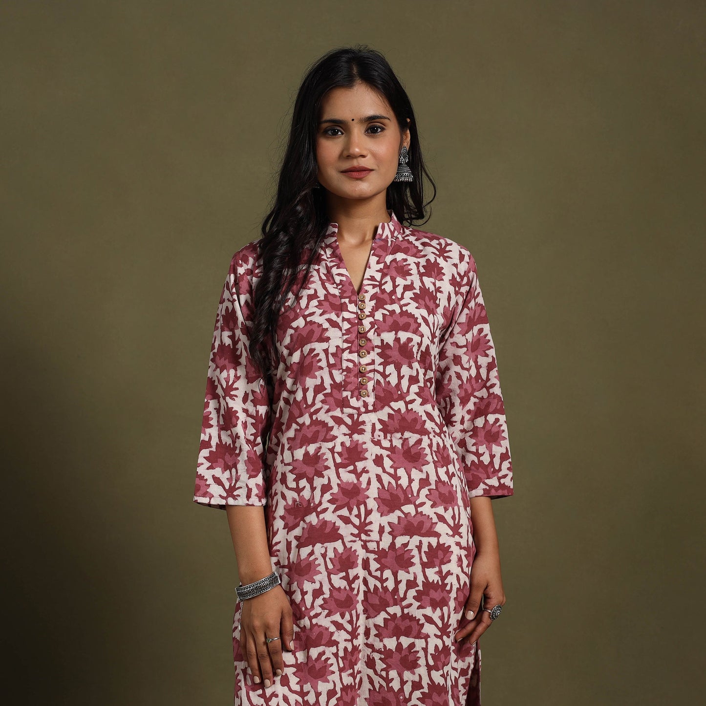 Maroon Block Print Natural Dyed Cotton Straight Jahota Kurta