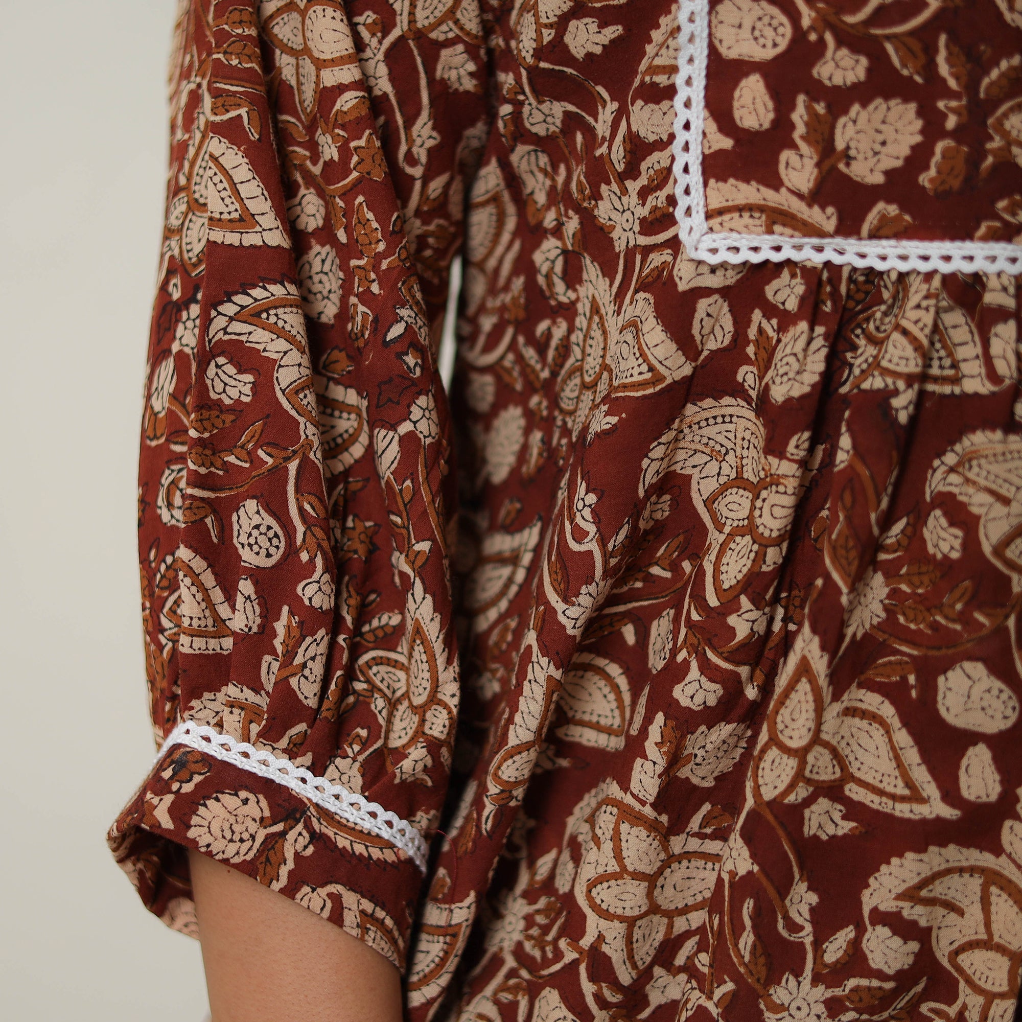 Maroon Block R Maroon Block Print Cotton Bagru Co-Ord Set with Lace Work