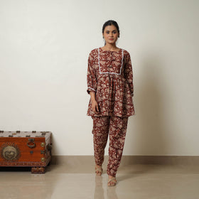 Maroon - printed cotton bagru co-ord set with lace work 04