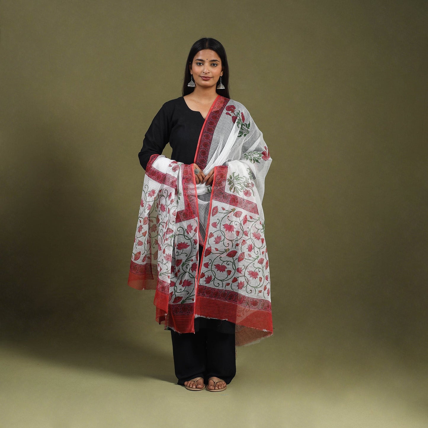 Maroon Block Printed Kota Doria Cotton Sanganeri Dupatta