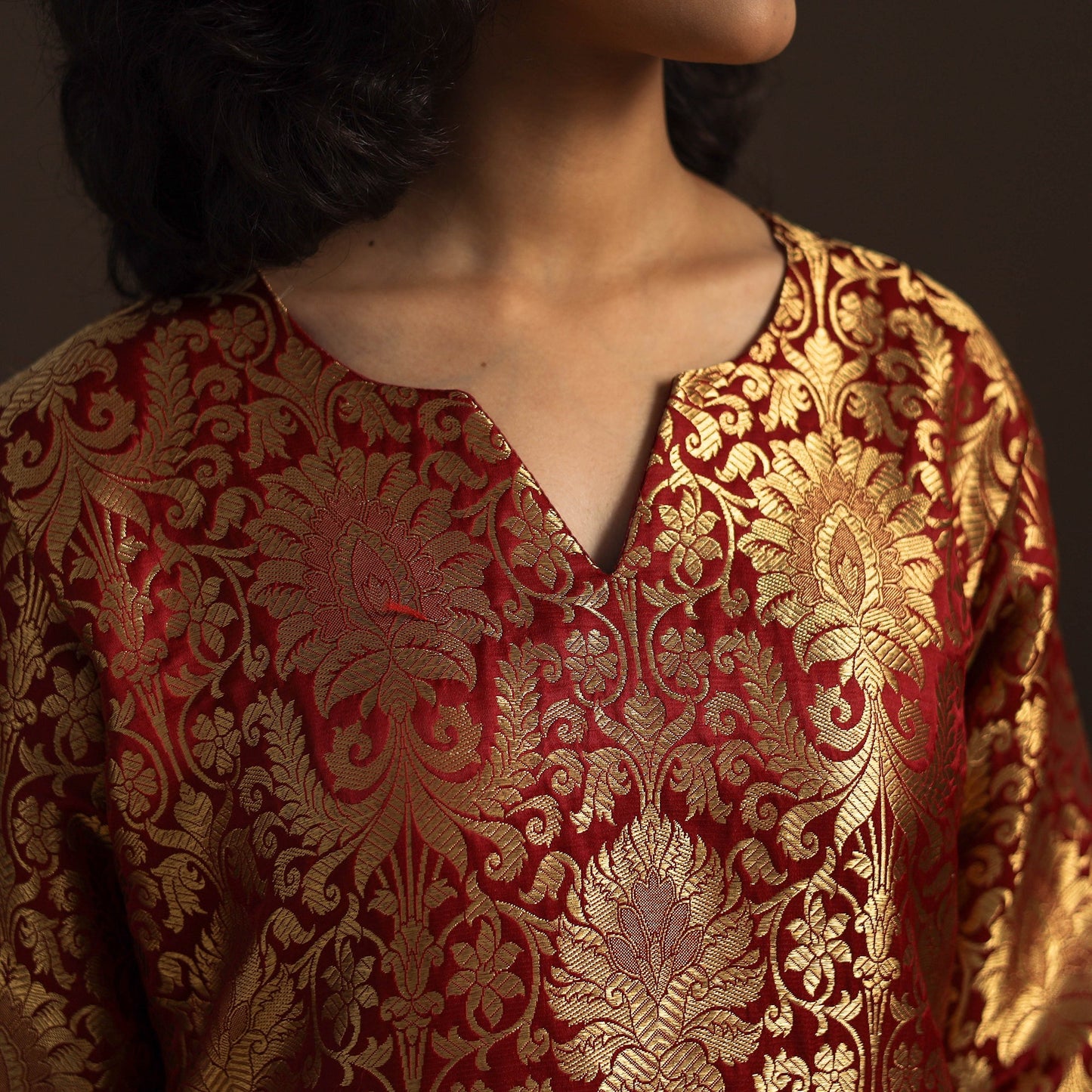 Red - brocade silk a-line banarasi kurta 07 - handcrafted