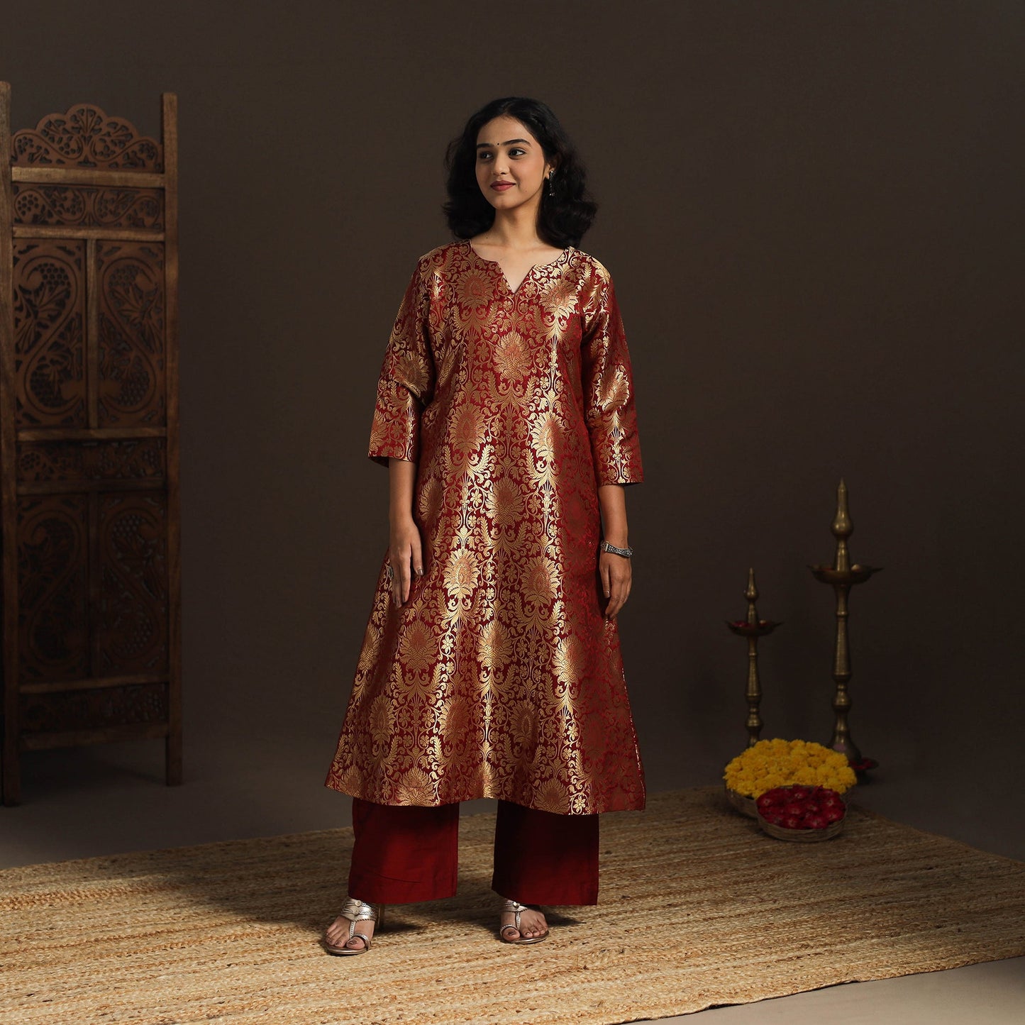 Red - brocade silk a-line banarasi kurta 07 - handcrafted