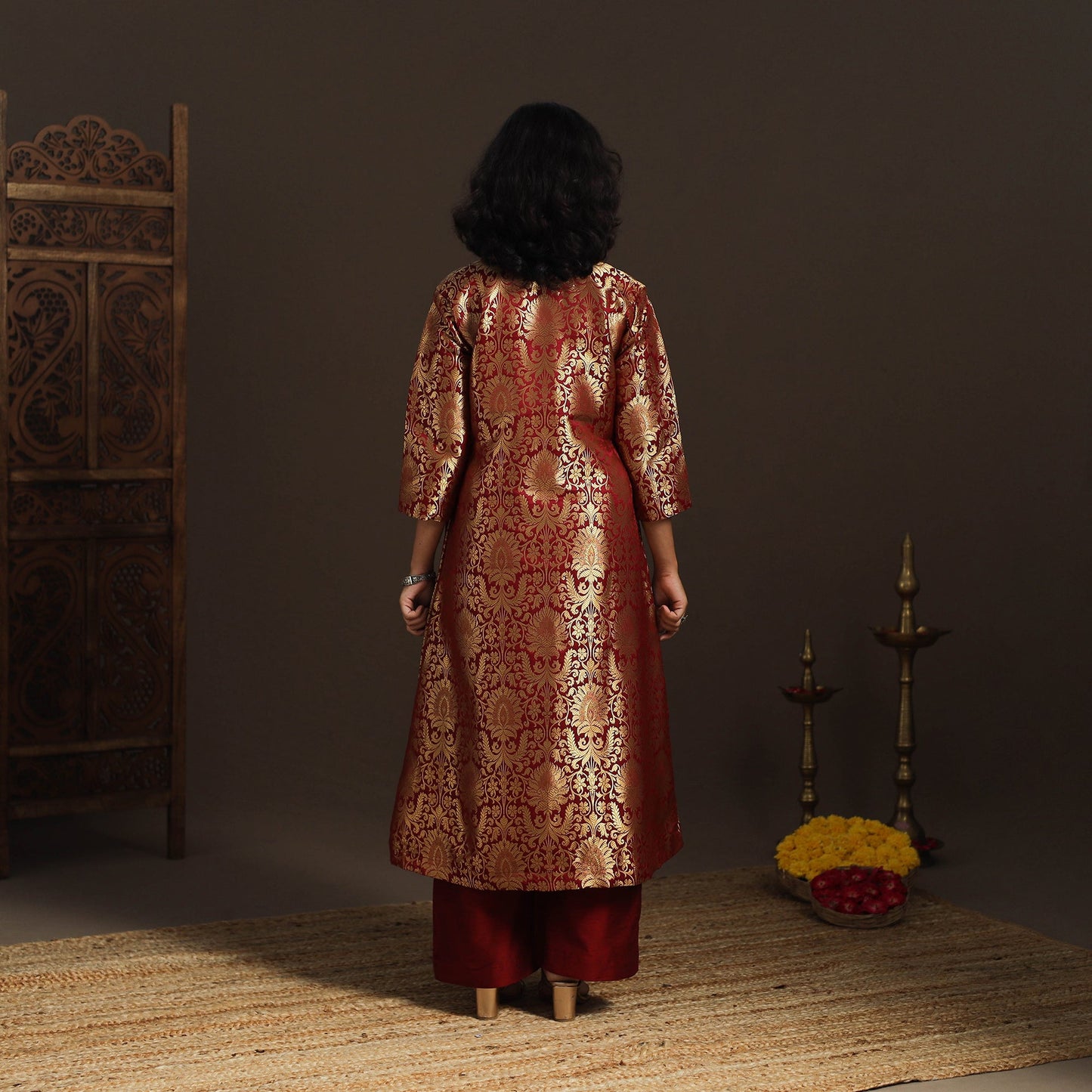 Red - brocade silk a-line banarasi kurta 07 - handcrafted