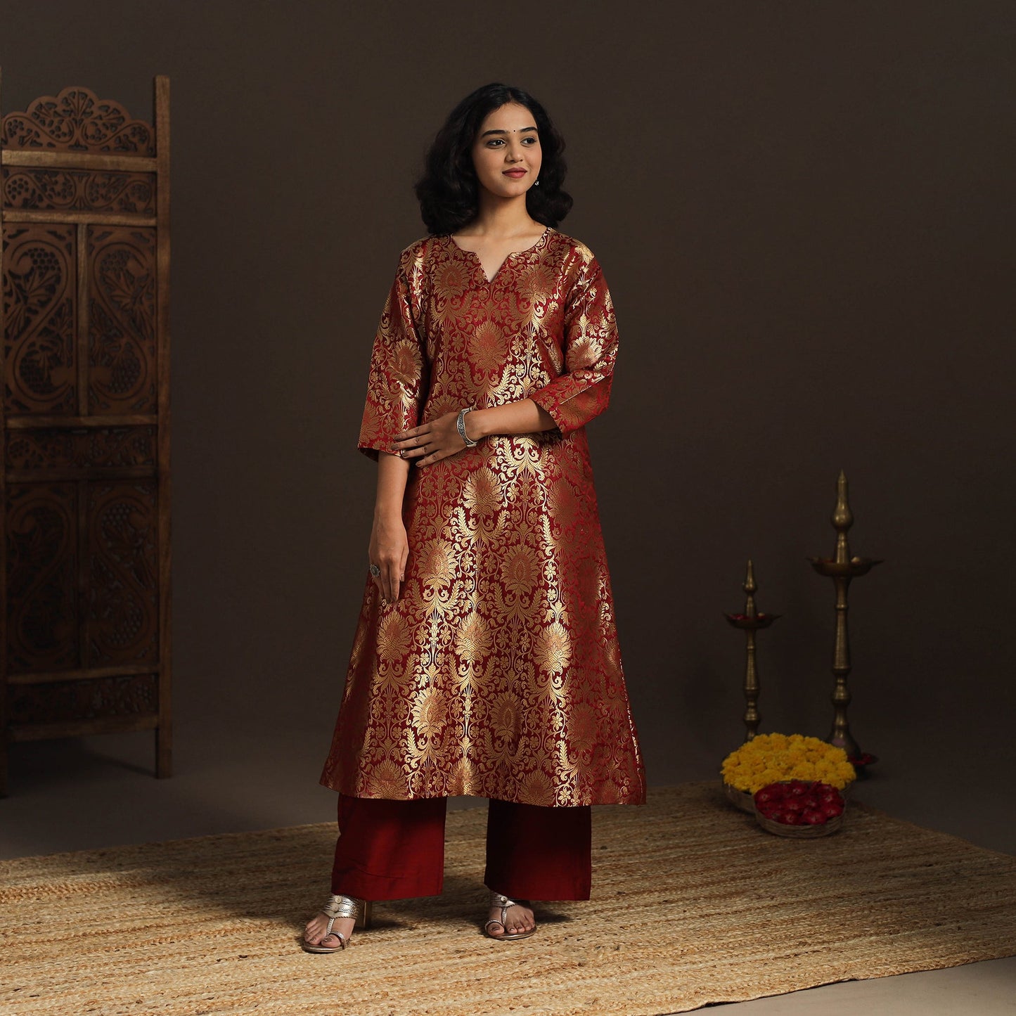 Red - brocade silk a-line banarasi kurta 07 - handcrafted