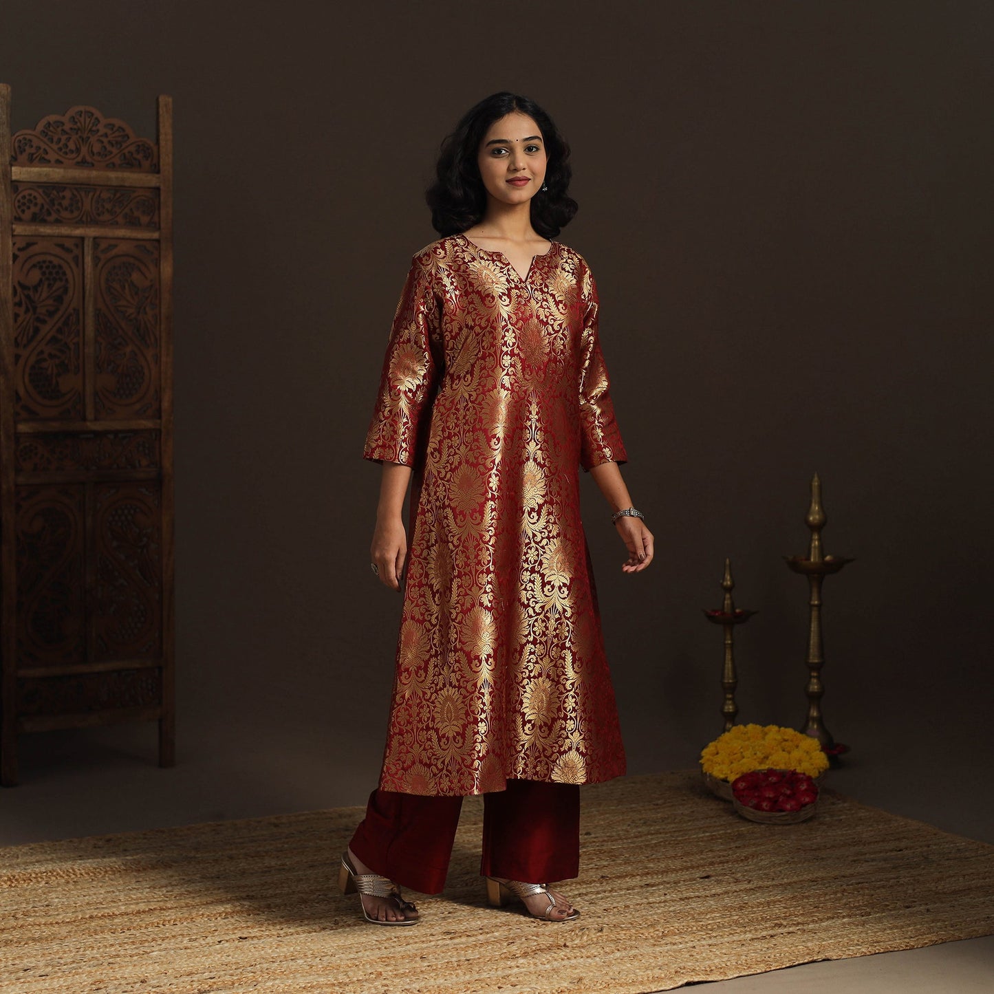 Red - brocade silk a-line banarasi kurta 07 - handcrafted