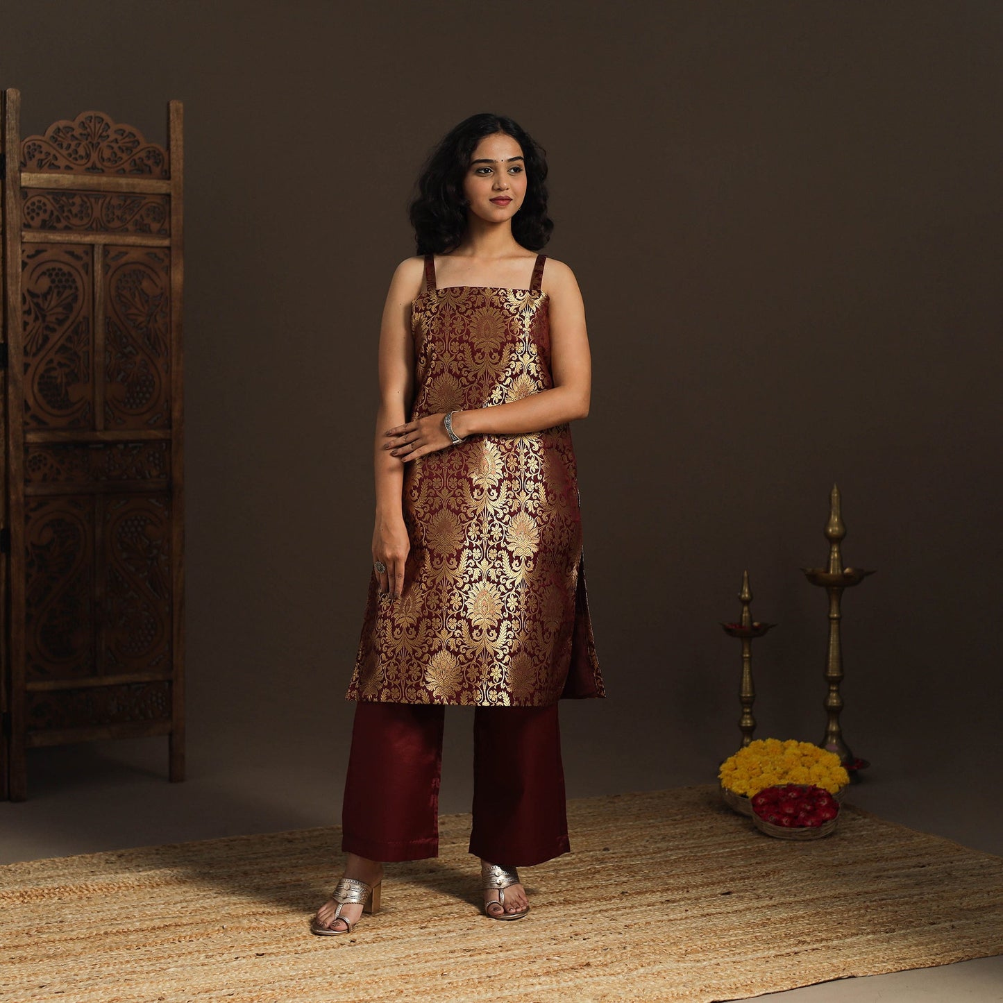Maroon - brocade silk straight banarasi kurta 10