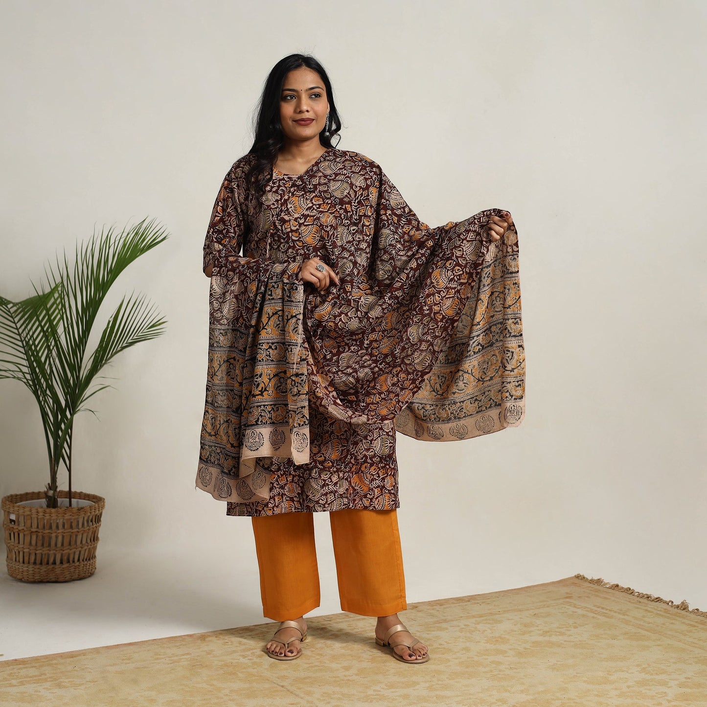 Maroon - brown - printed cotton kalamkari kurta set 05