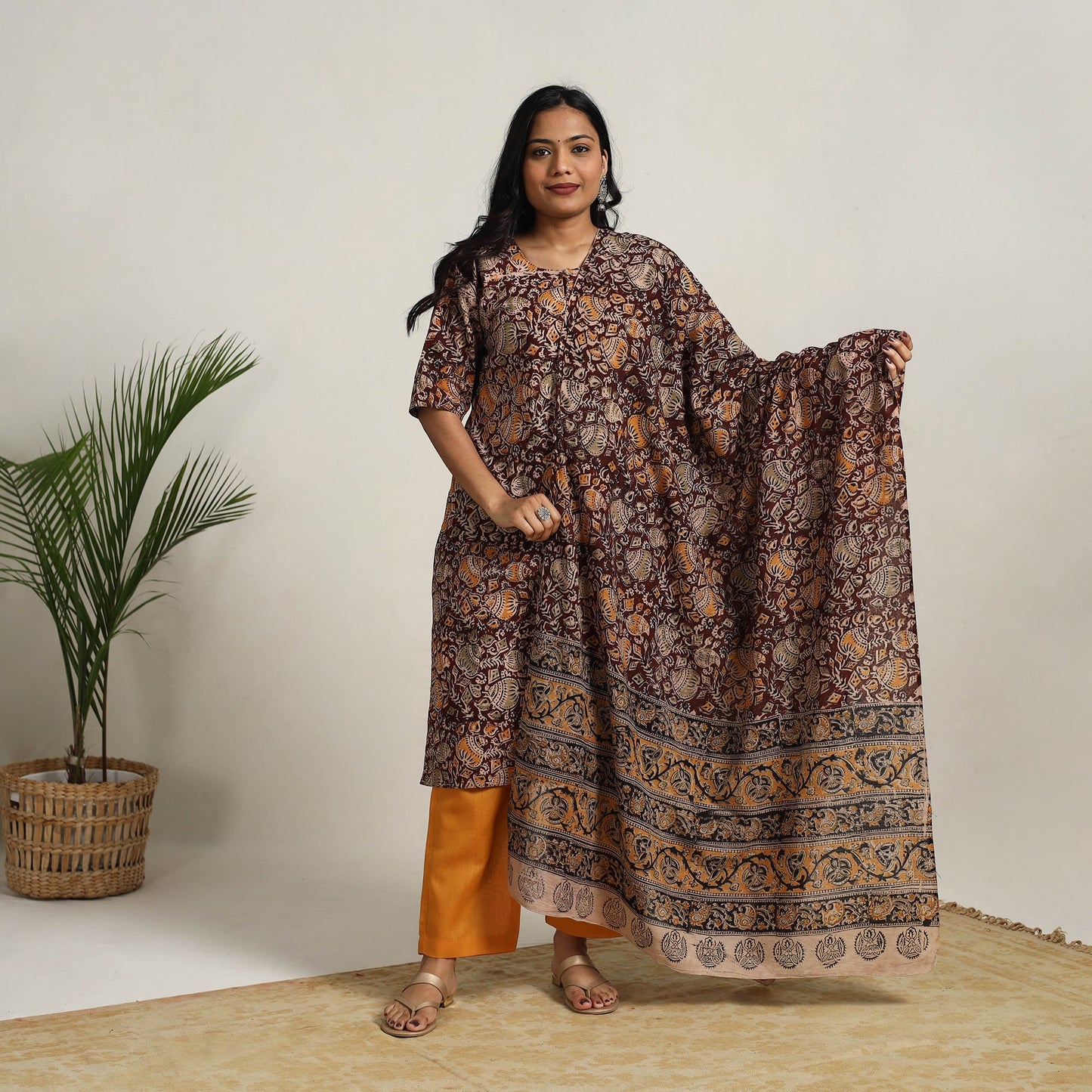 Maroon - brown - printed cotton kalamkari kurta set 05