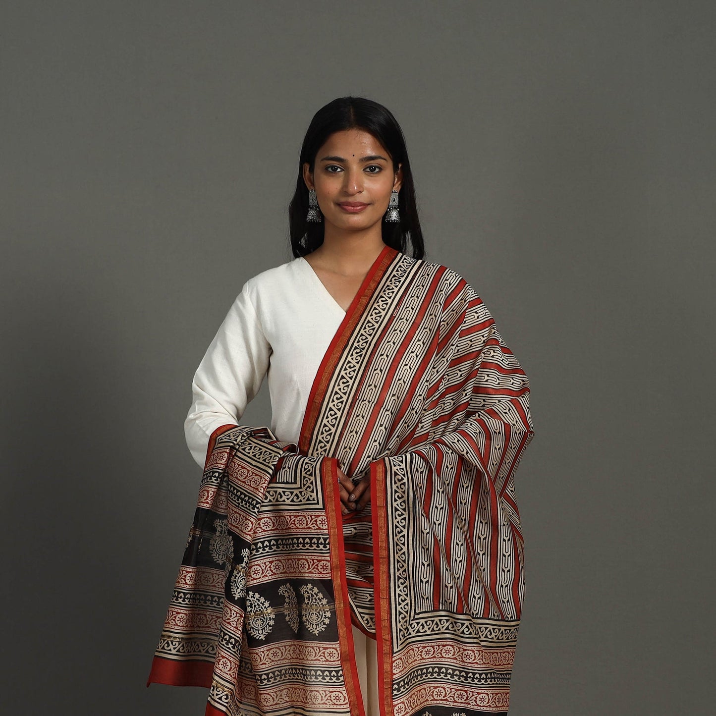 Buy Maroon Block Print Chanderi Silk Bagru Dupatta 