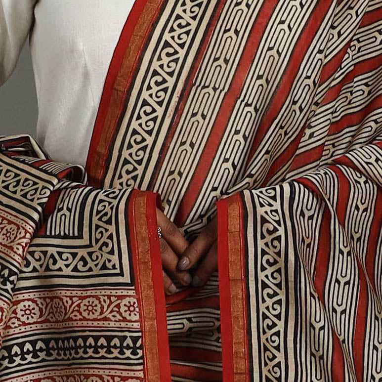 Buy Maroon Block Print Chanderi Silk Bagru Dupatta 