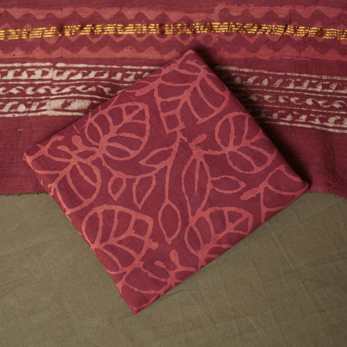 Chanderi silk hand block bagru print 3pc unstitched dress
