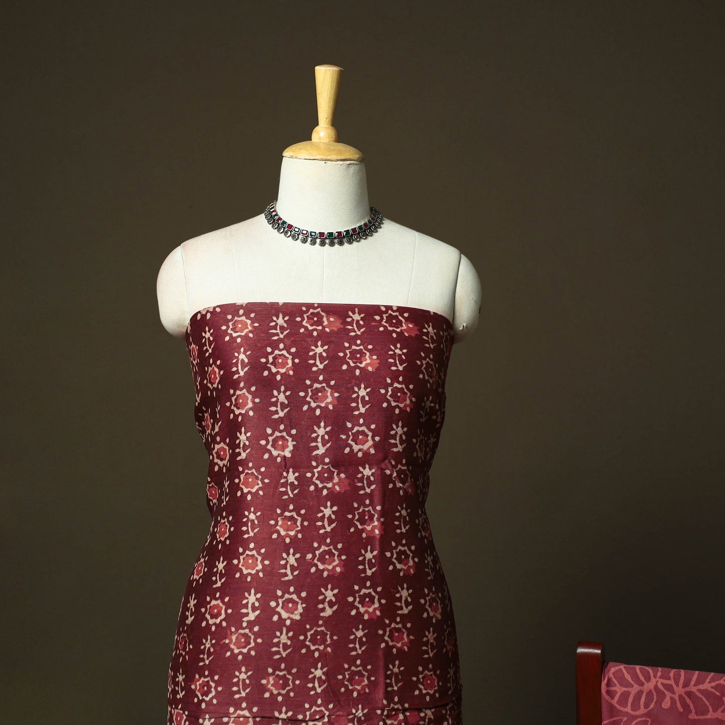 Chanderi silk hand block bagru print 3pc unstitched dress