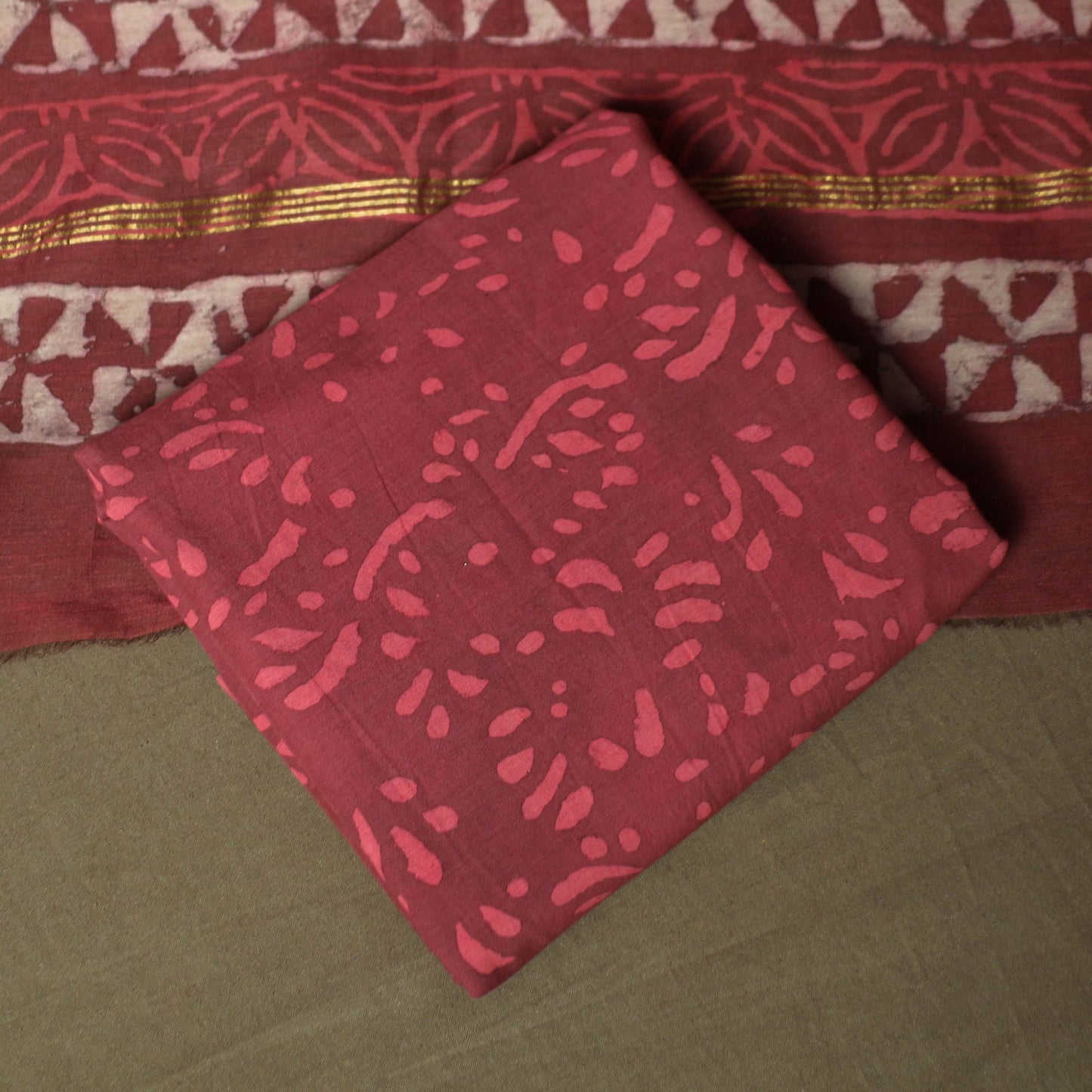 Chanderi silk hand block bagru print 3pc unstitched dress