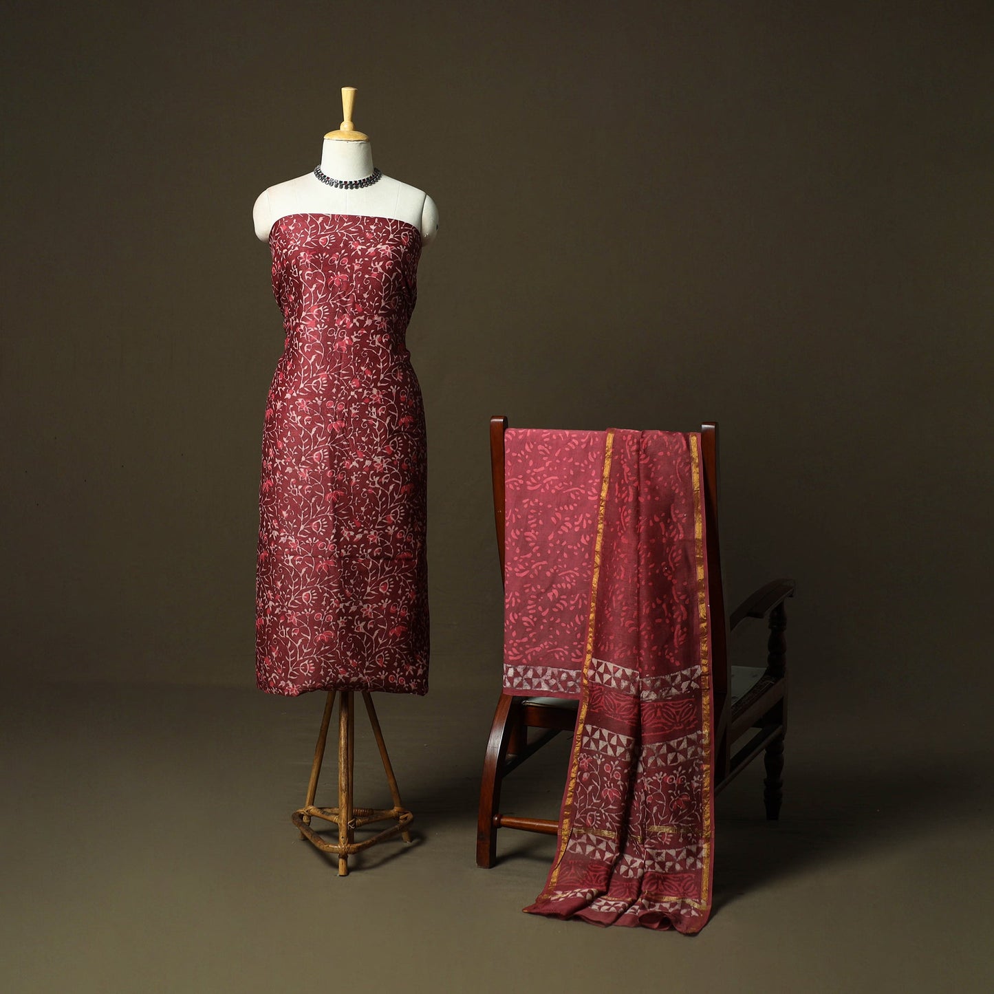 Chanderi silk hand block bagru print 3pc unstitched dress
