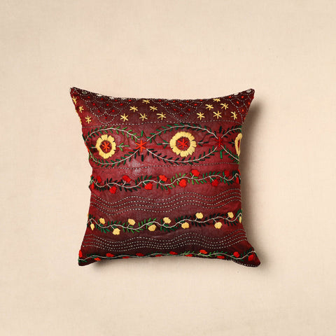 Buy Maroon Chinon Phulkari Embroidered Cushion Cover