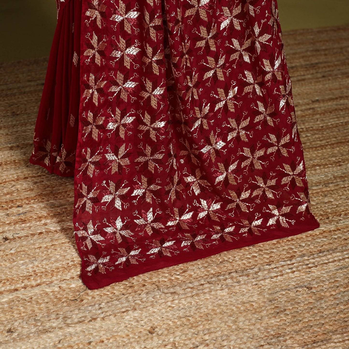 Maroon - chinon silk hand embroidery phulkari saree 06