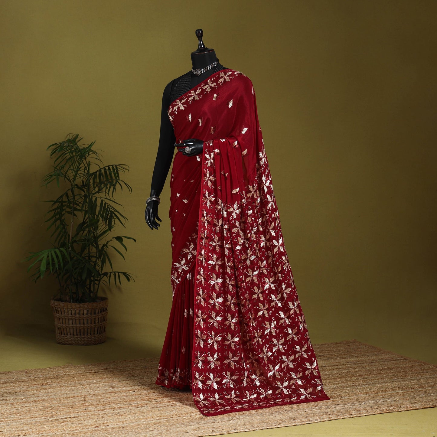 Maroon - chinon silk hand embroidery phulkari saree 06