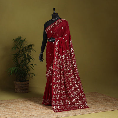 Maroon - chinon silk hand embroidery phulkari saree 06