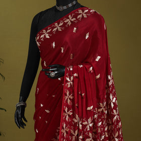 Maroon - chinon silk hand embroidery phulkari saree 06