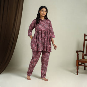 Buy Maroon Block Print Cotton Bagru Night Suit Set