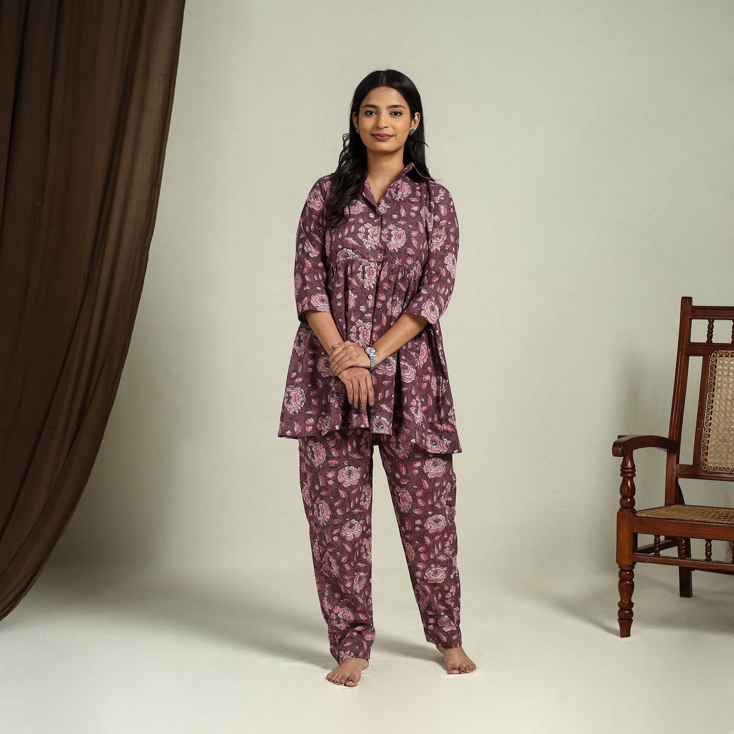 Buy Maroon Block Print Cotton Bagru Night Suit Set