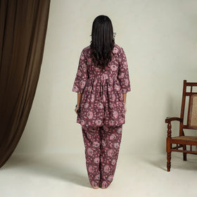 Buy Maroon Block Print Cotton Bagru Night Suit Set