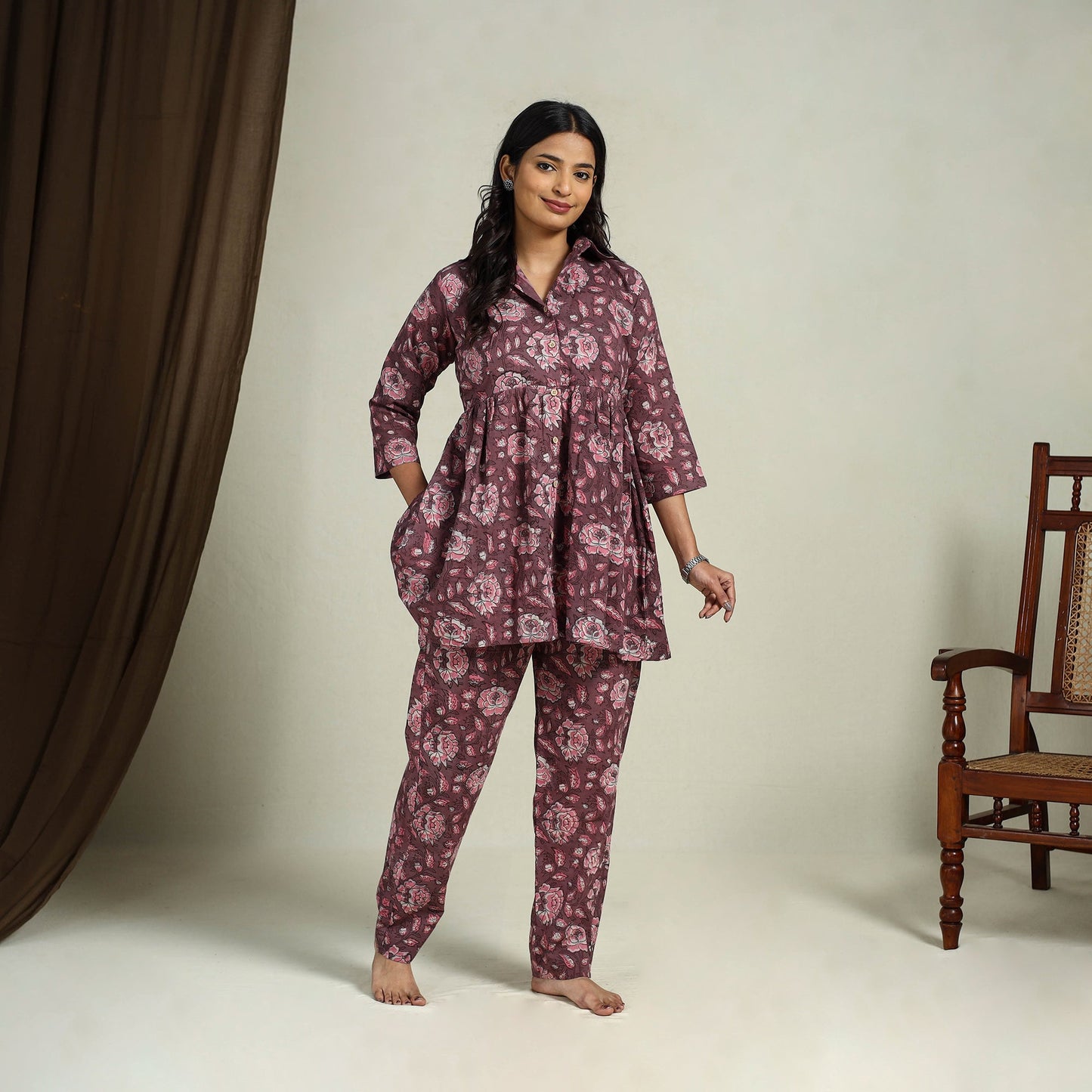 Buy Maroon Block Print Cotton Bagru Night Suit Set