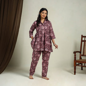 Buy Maroon Block Print Cotton Bagru Night Suit Set