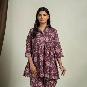 Buy Maroon Block Print Cotton Bagru Night Suit Set