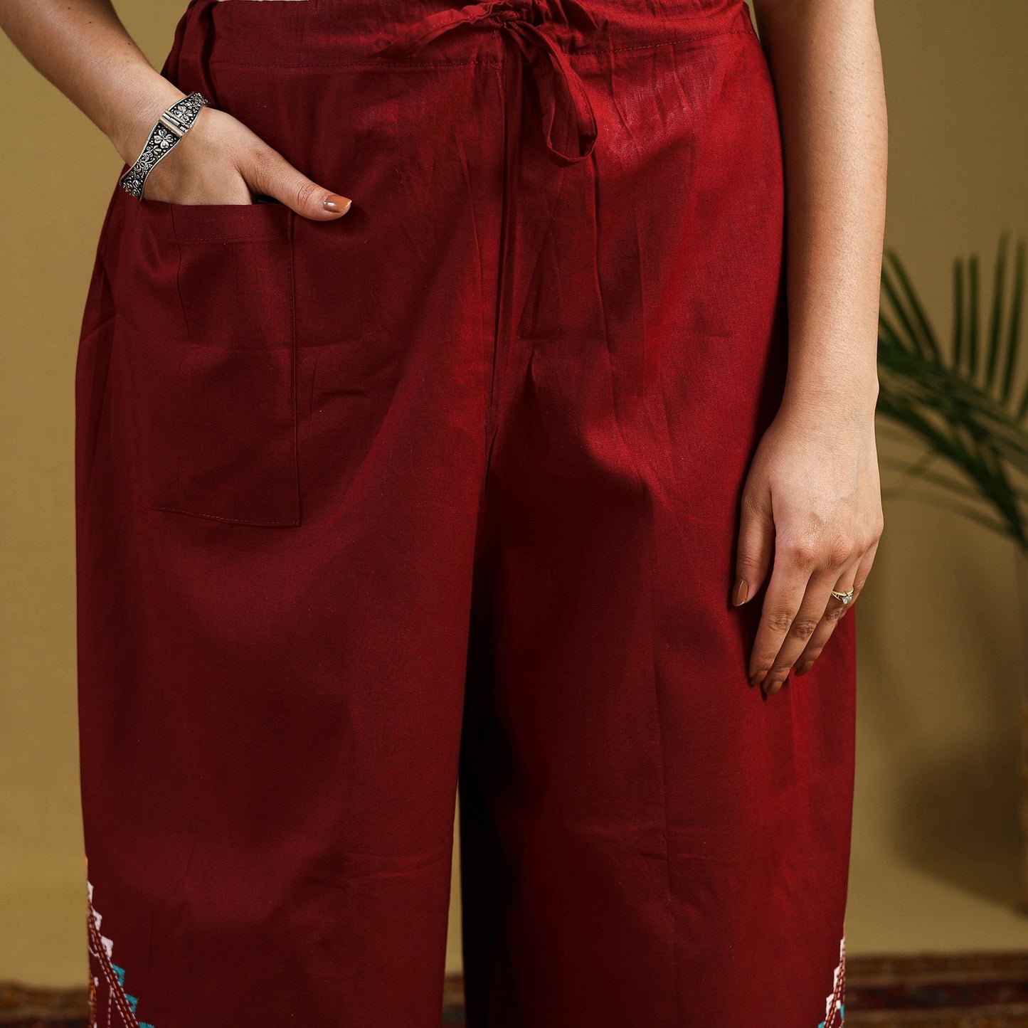 Maroon Cotton Bengal Kantha Hand Embroidery Palazzo