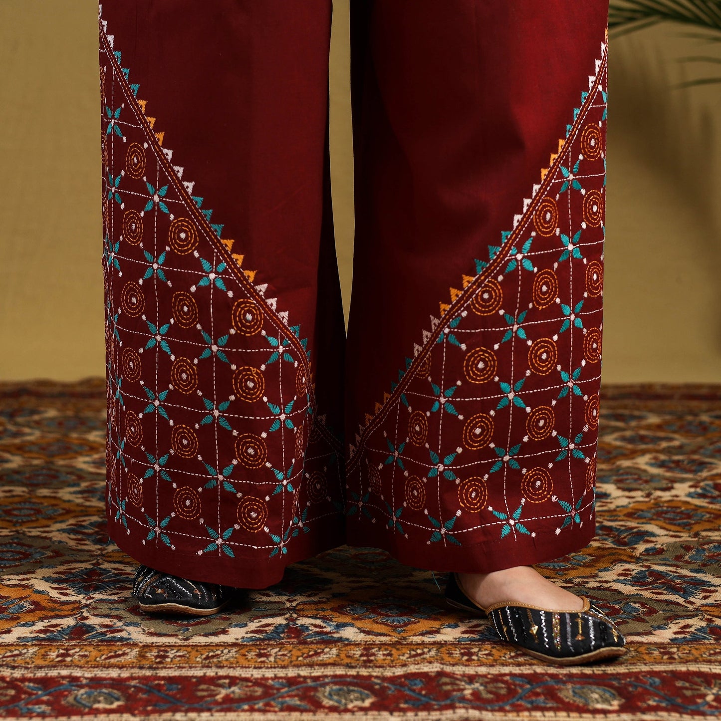 Maroon Cotton Bengal Kantha Hand Embroidery Palazzo