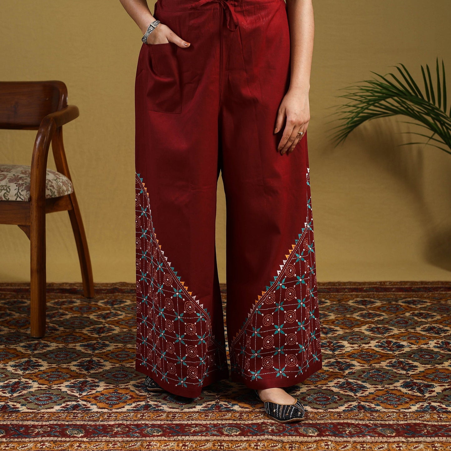 Maroon Cotton Bengal Kantha Hand Embroidery Palazzo