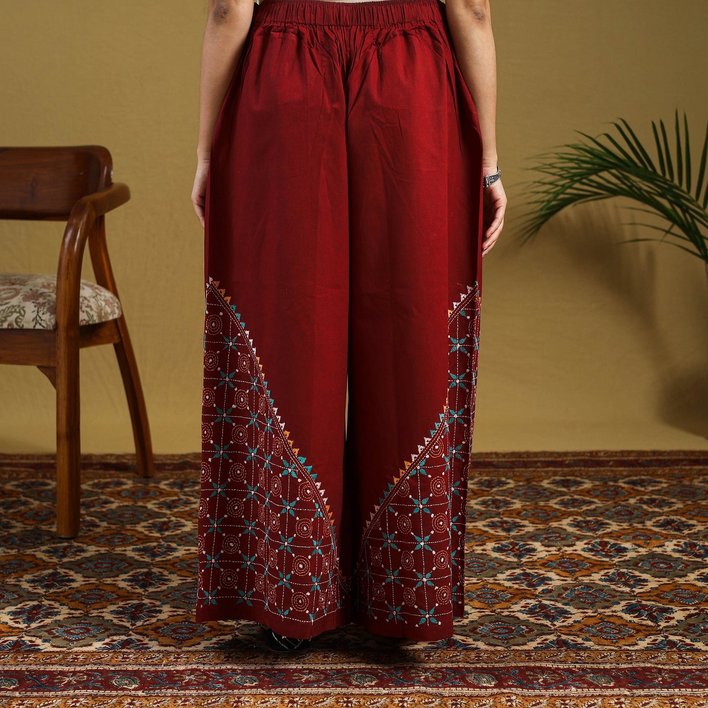 Maroon Cotton Bengal Kantha Hand Embroidery Palazzo