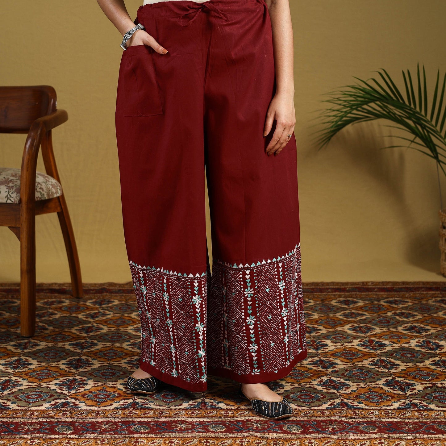 Maroon - cotton bengal kantha hand embroidery palazzo 40