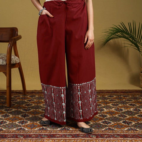 Maroon - cotton bengal kantha hand embroidery palazzo 40