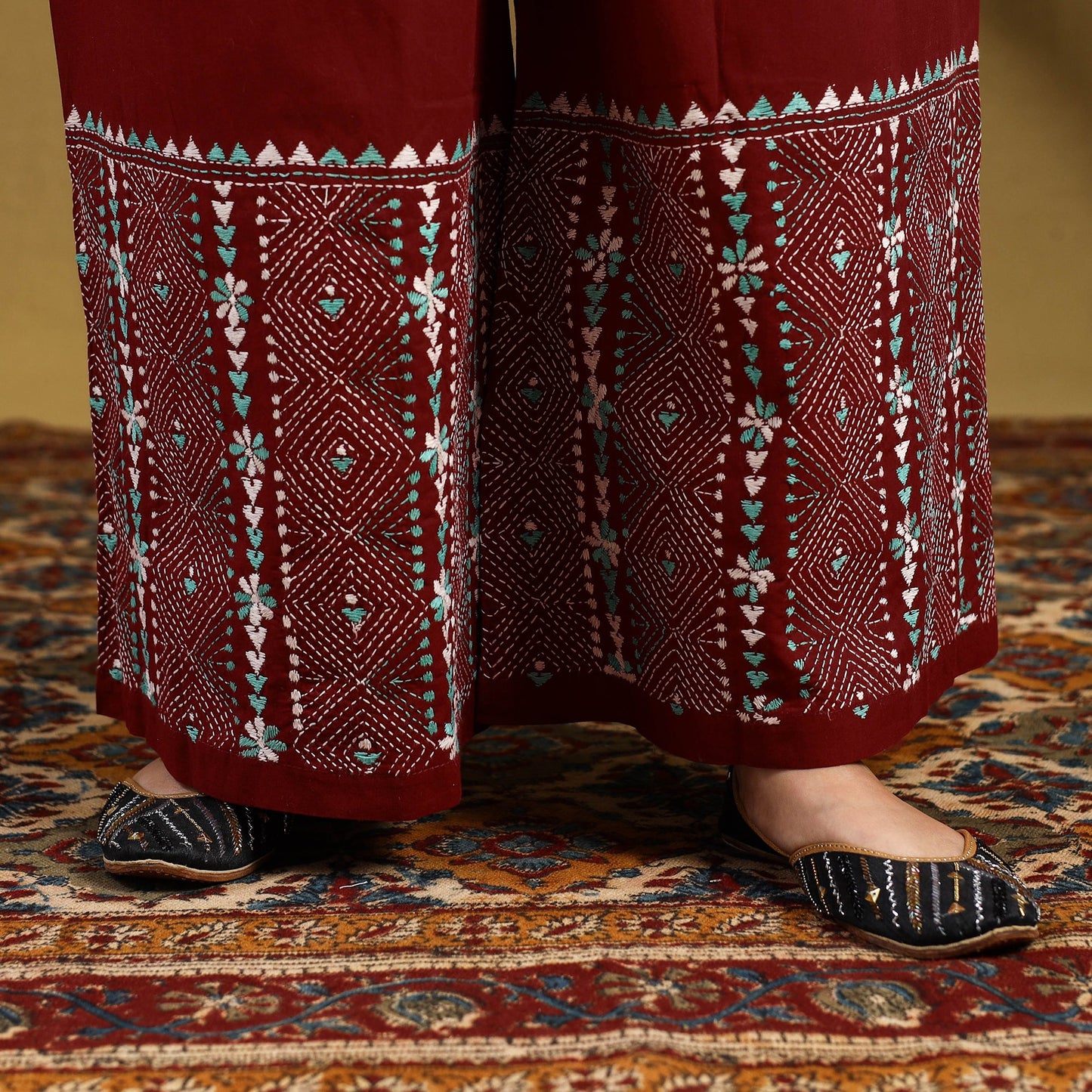 Maroon - cotton bengal kantha hand embroidery palazzo 40