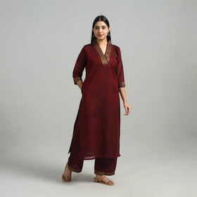 Buy Maroon Cotton Dharwad Kurta Set with Palazzo & Dupatta